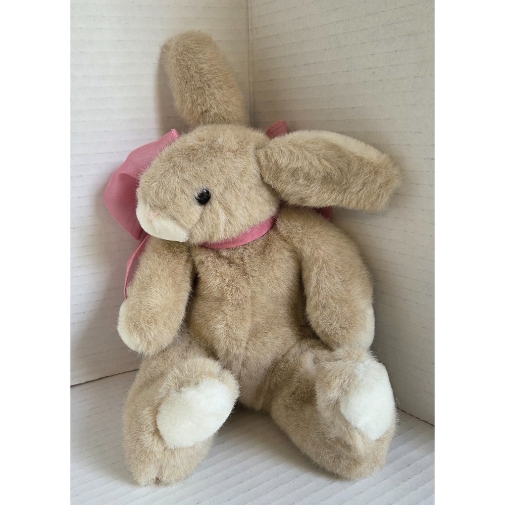 Heartline Tan & White Bunny Rabbit Plush Stuffed Animal with Pink Bow Vintage